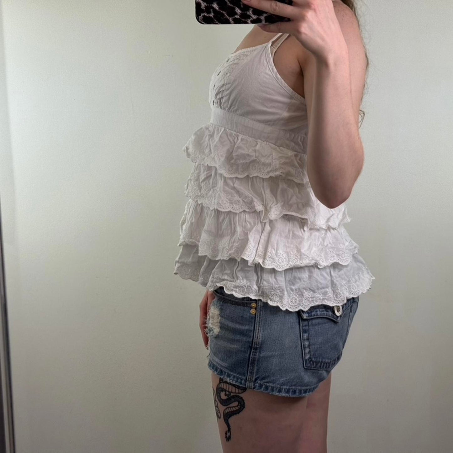 Y2K vintage ruffle cami top strappy broderie anglaise buttons frill