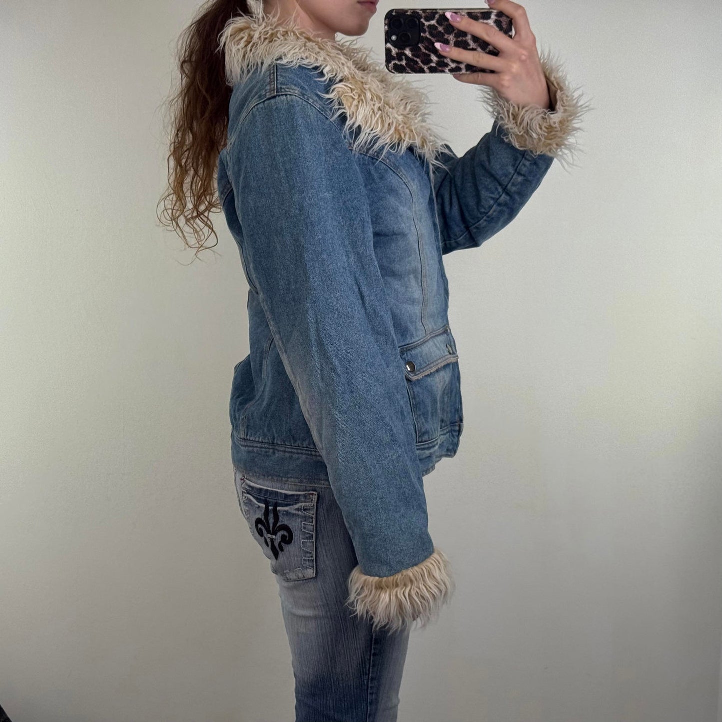 Y2K vintage Tammy denim jacket zip up faux fur trim fleece lined cargo pockets