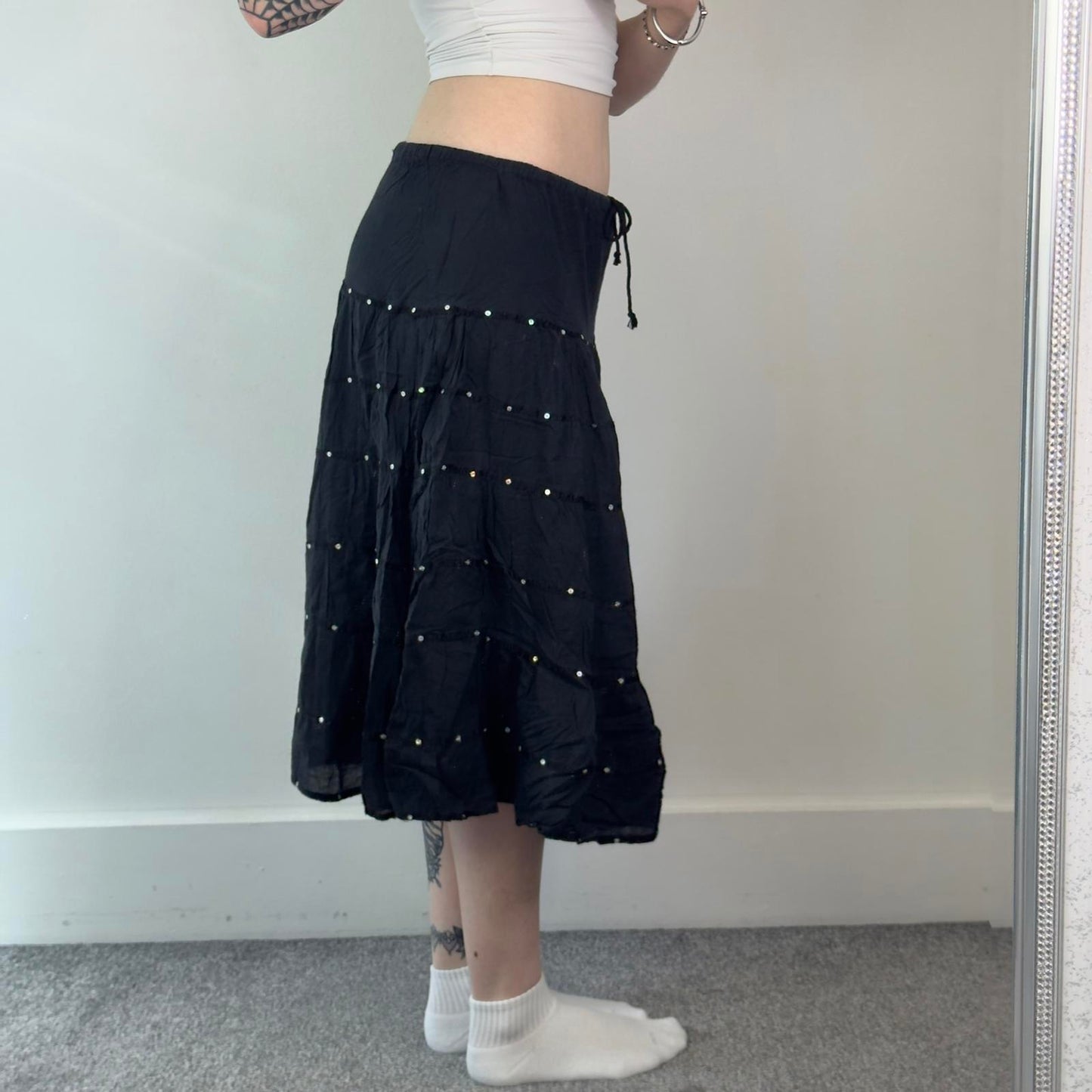 Y2K vintage tiered boho sequin a line floaty midi skirt boho festival cotton