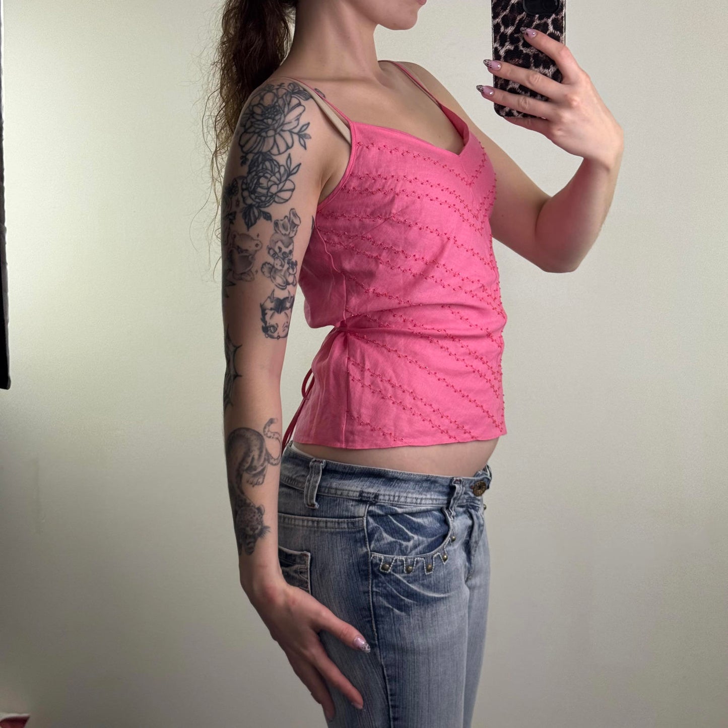 Y2K vintage 100% pure linen cami top adjustable bow beaded chevron stripe pink