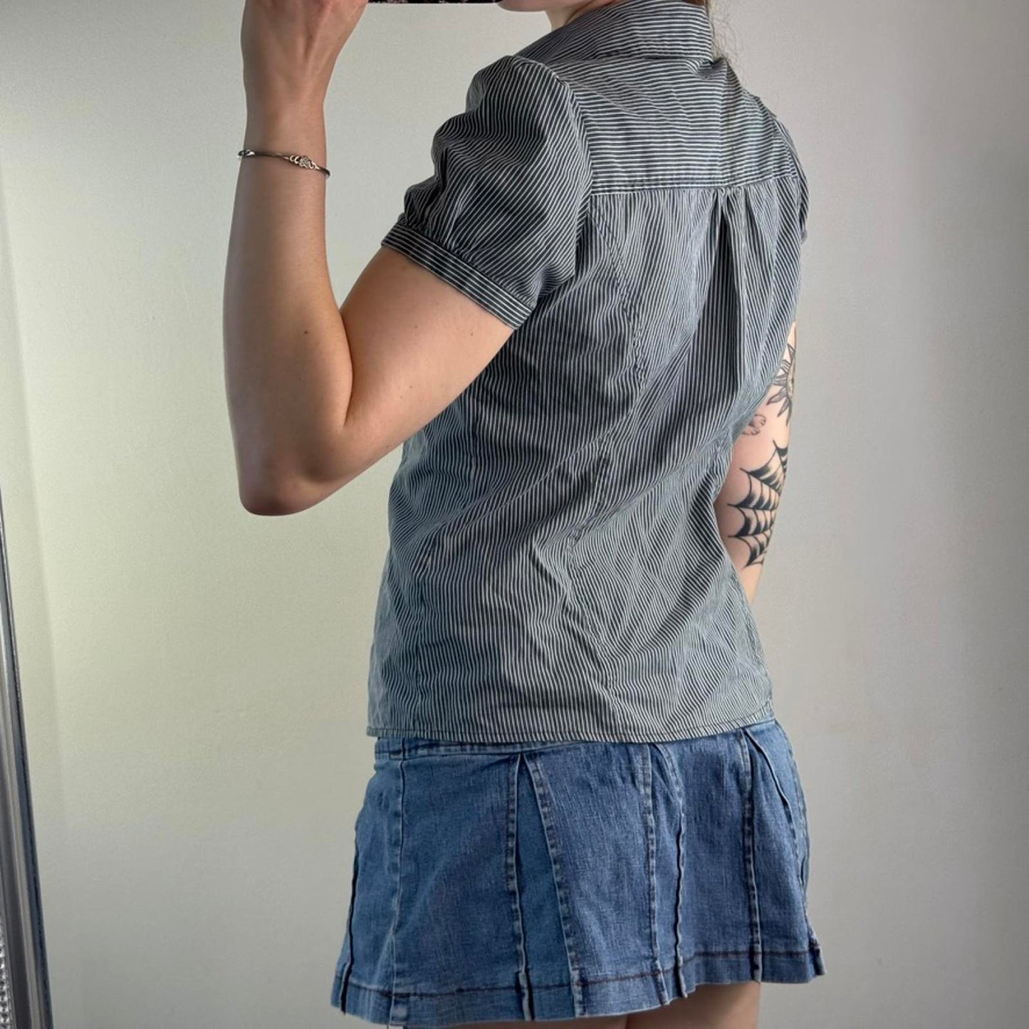 Y2K vintage pinstripe button up short sleeve blouse v neck ruched shirt