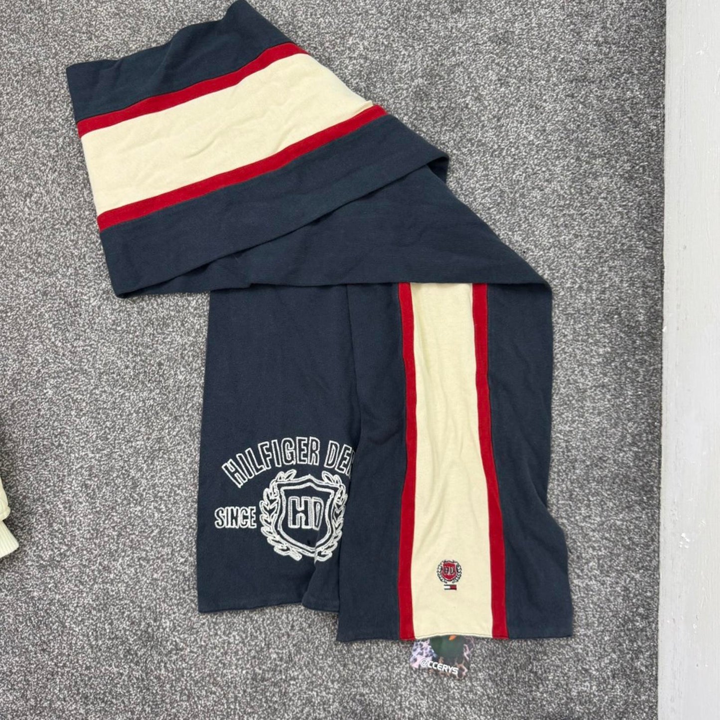 Y2K vintage Tommy Hilfiger denim scarf reversible unisex stripe embroidered