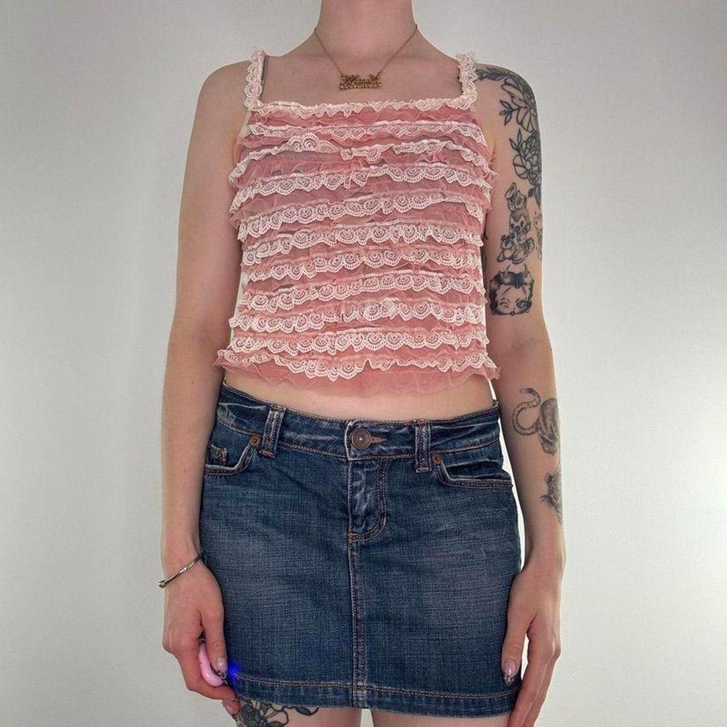 Y2K vintage sheer mesh cami top frilly fishnet lace trim coquette pink white