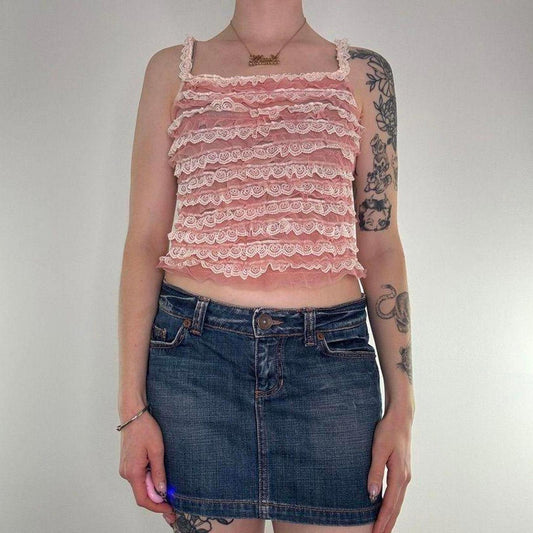 Y2K vintage sheer mesh cami top frilly fishnet lace trim coquette pink white