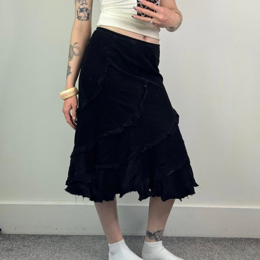 Y2K vintage corduroy black midi skirt asymmetrical ruffle hem knee length a line