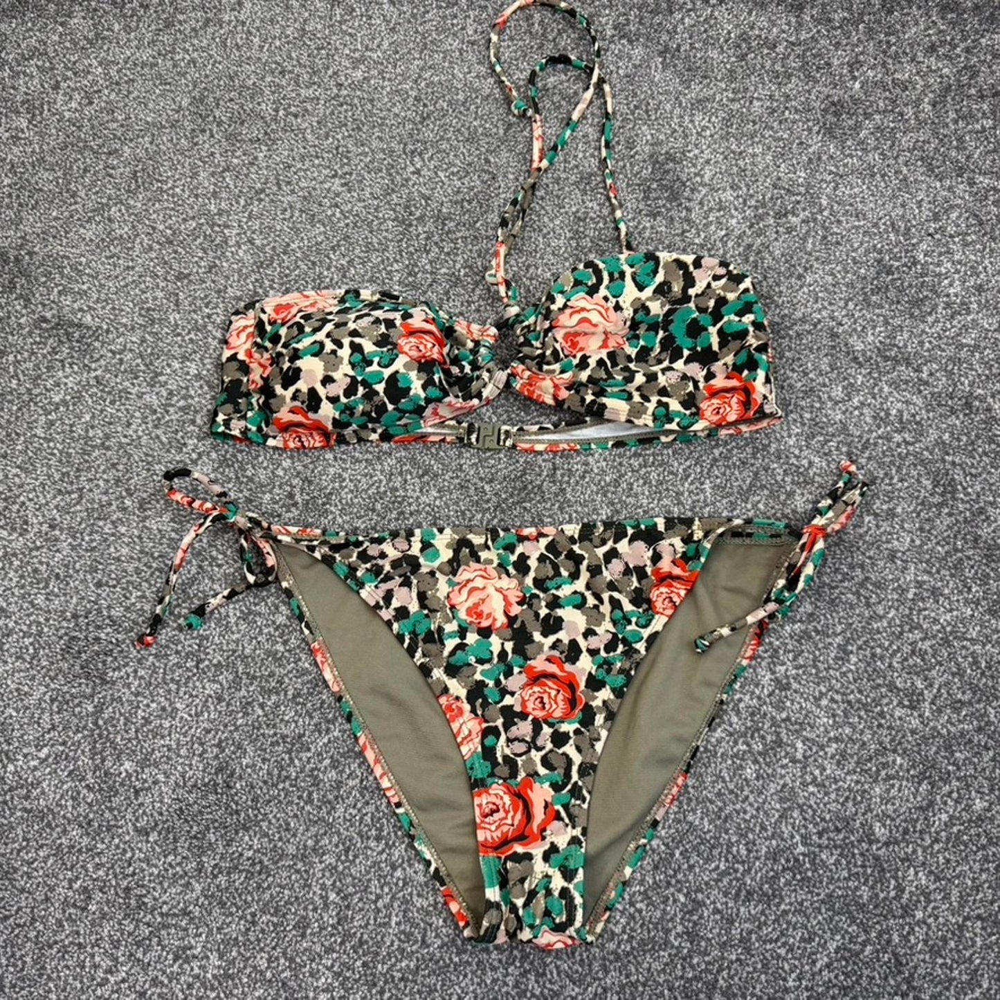 Y2K vintage floral leopard print rose halter neck bow matching bikini set