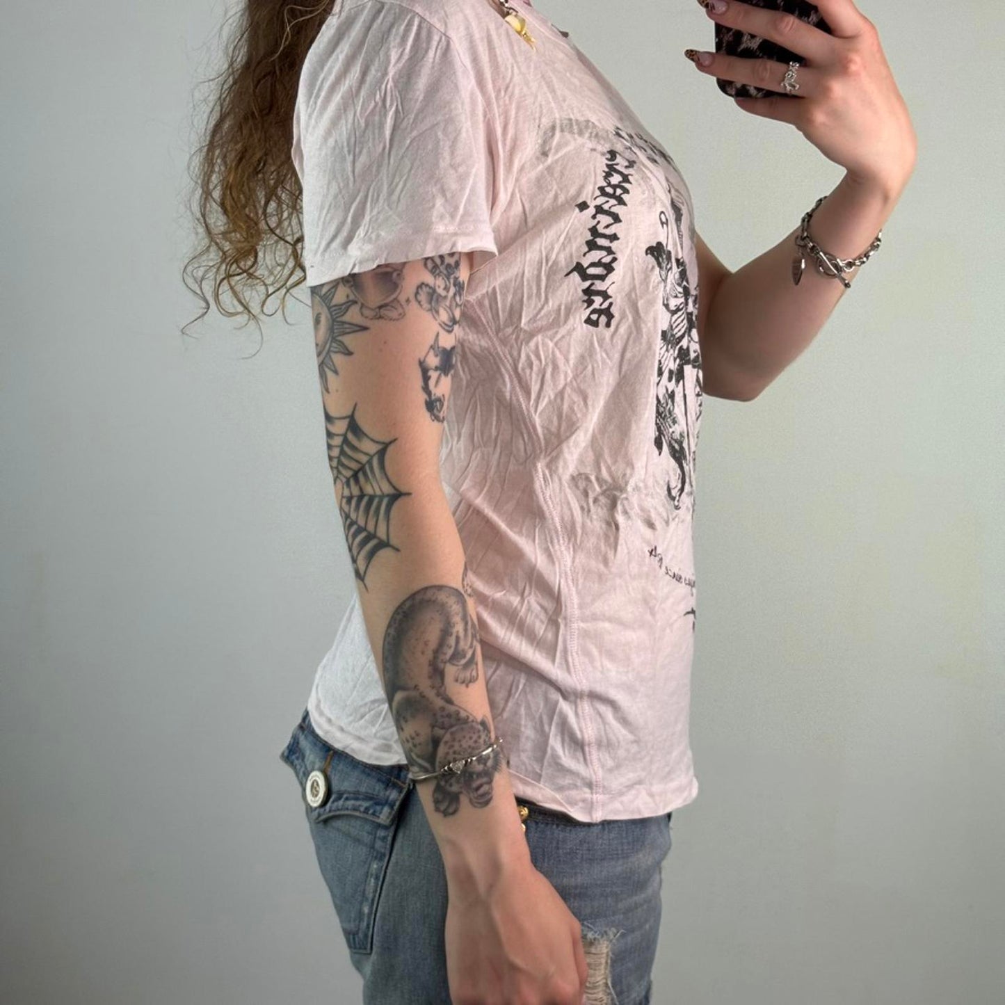 Y2K vintage sheer baby pink t shirt graphic print filigree text jesse pinkman