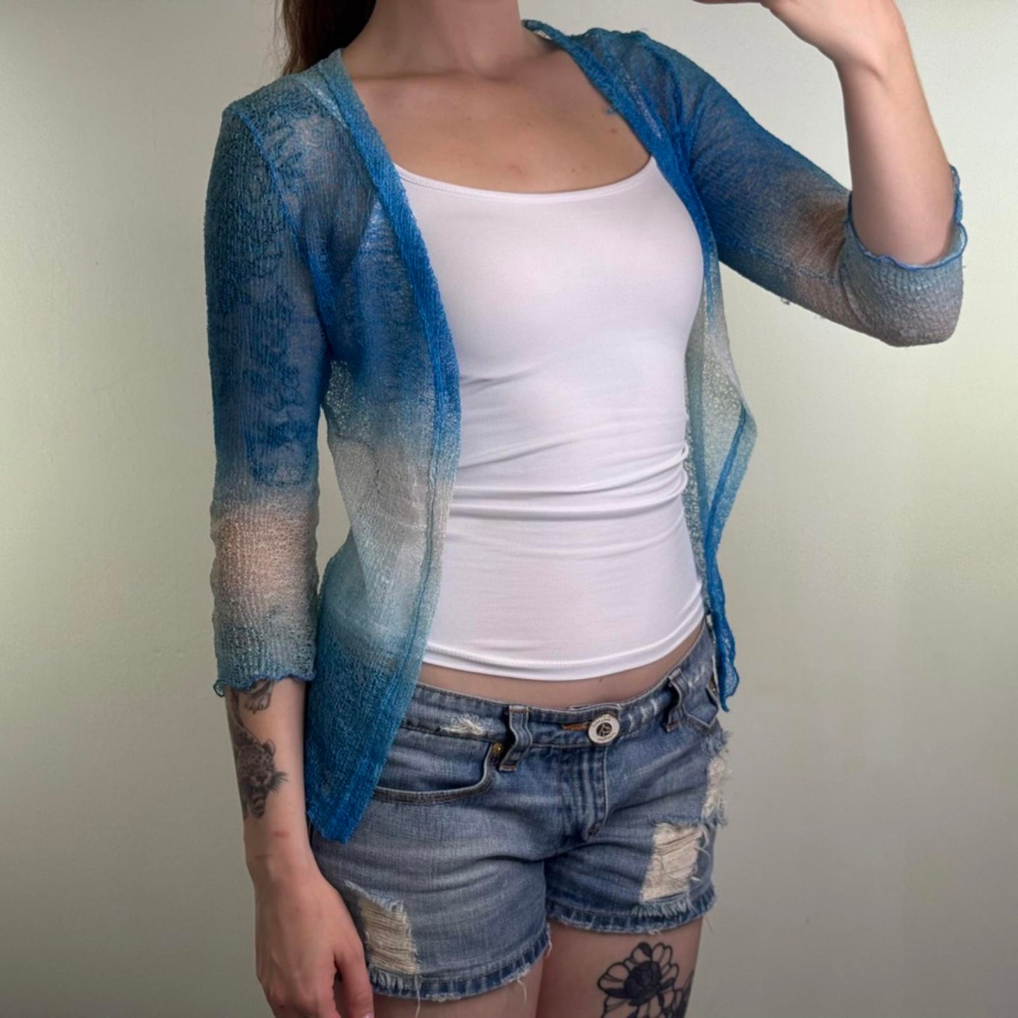 Y2K vintage ombre sheer fine knit cardigan shrug open front 3/4 sleeve