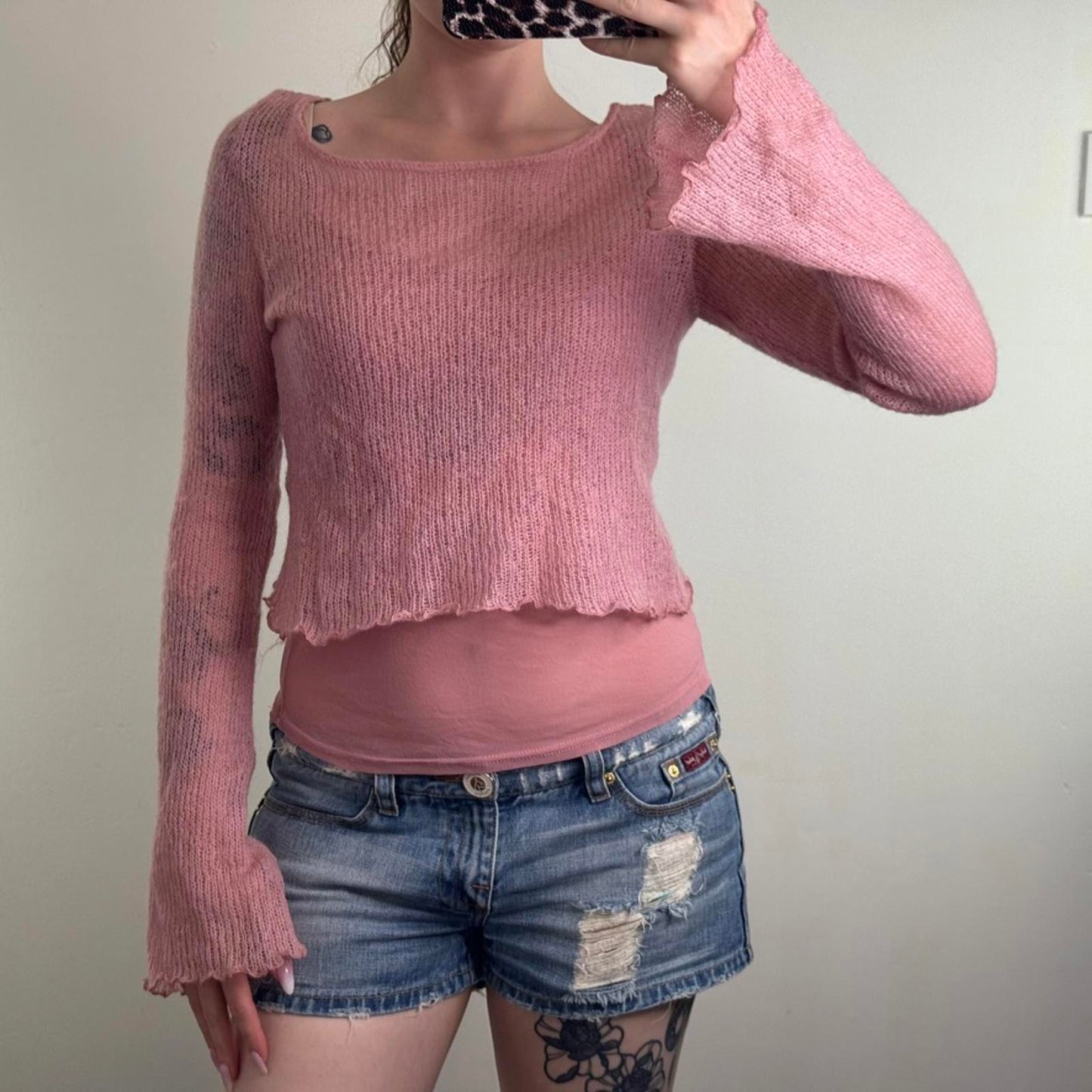 Y2K vintage Mohair blend double layered knit jumper flare sleeve lettuce hem