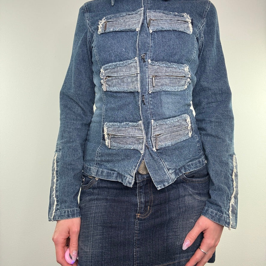 Y2K military fraying fitted denim jacket