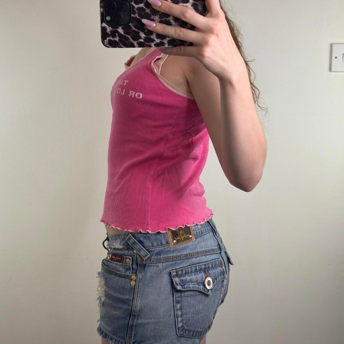 Y2K vintage slogan tank top lace trim lettuce hem hot baby pink round neck