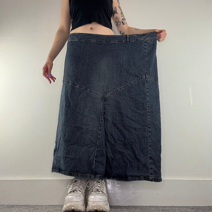 Y2K vintage denim maxi skirt stretchy asymmetrical pattern plus size