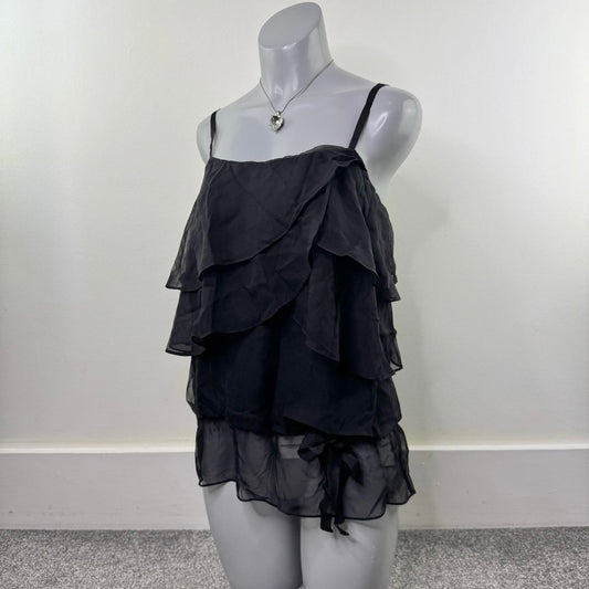 Y2K vintage 100% silk cami top ruffle elastic hem strappy bow layered tiered