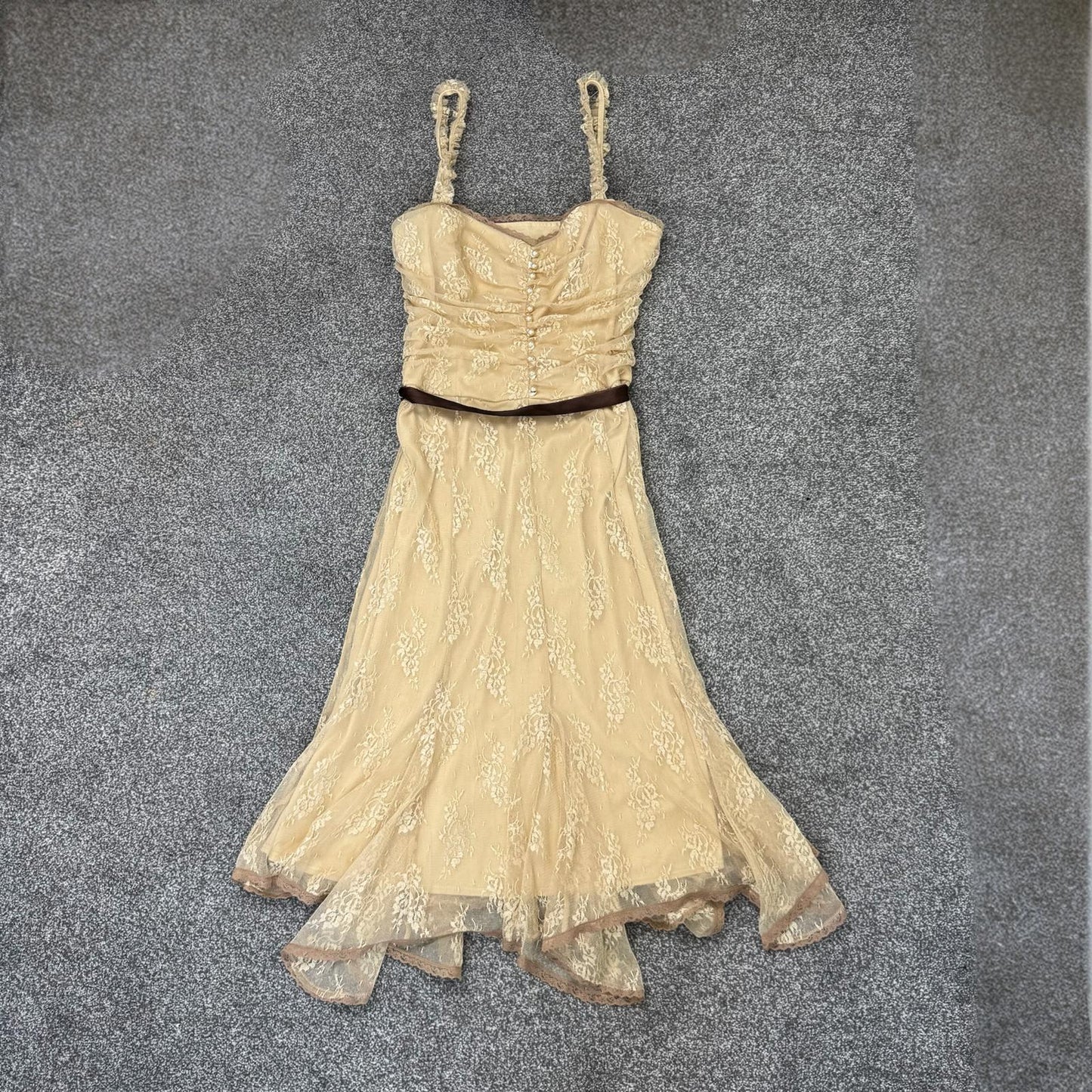 Y2K vintage coquette lace ruched midi dress adjustable bow ruffle asymmetrical