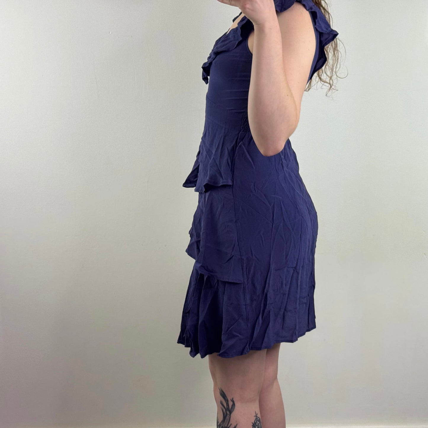 Y2K vintage 100% silk midi dress ruffle layered v neck above knee length purple