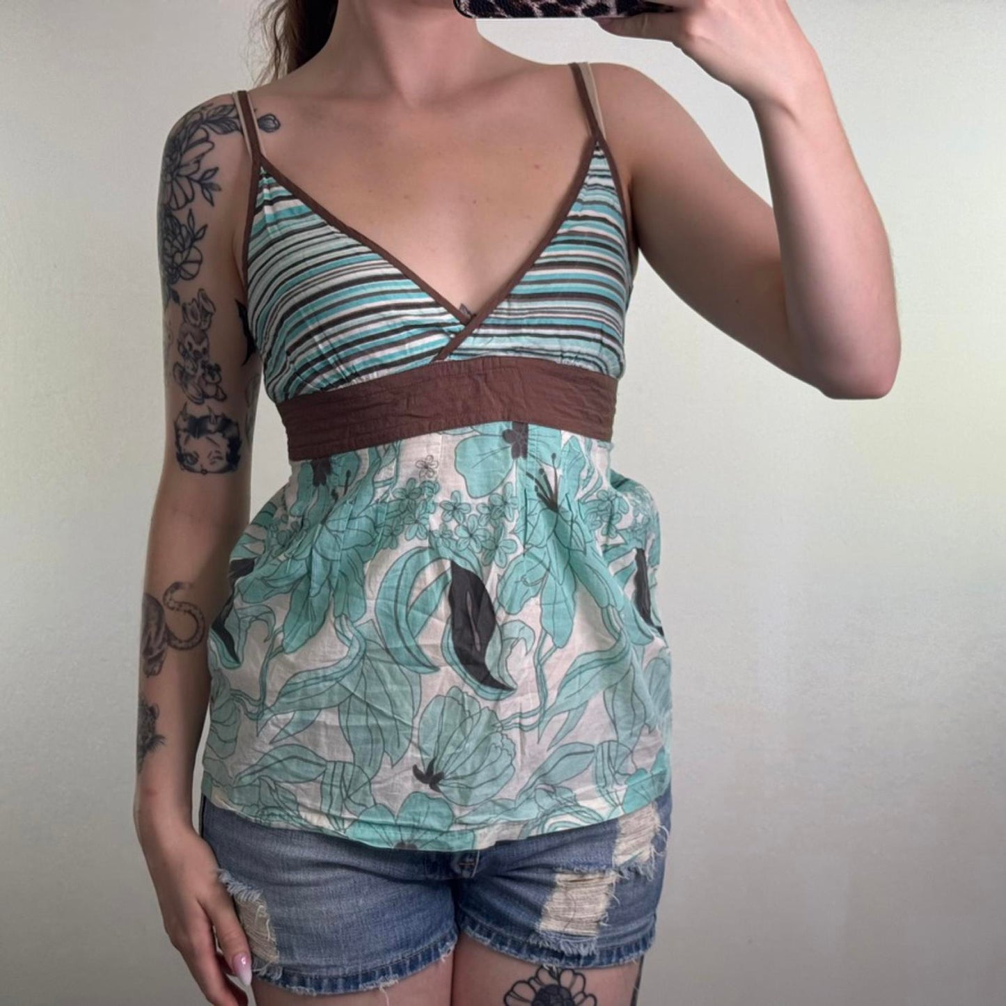 Y2K vintage stripe floral cami top adjustable tie back bow blue brown strappy