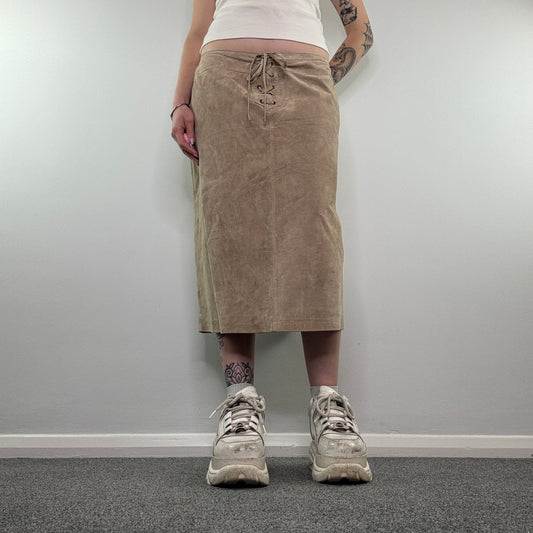 Y2K suede lace up front maxi skirt