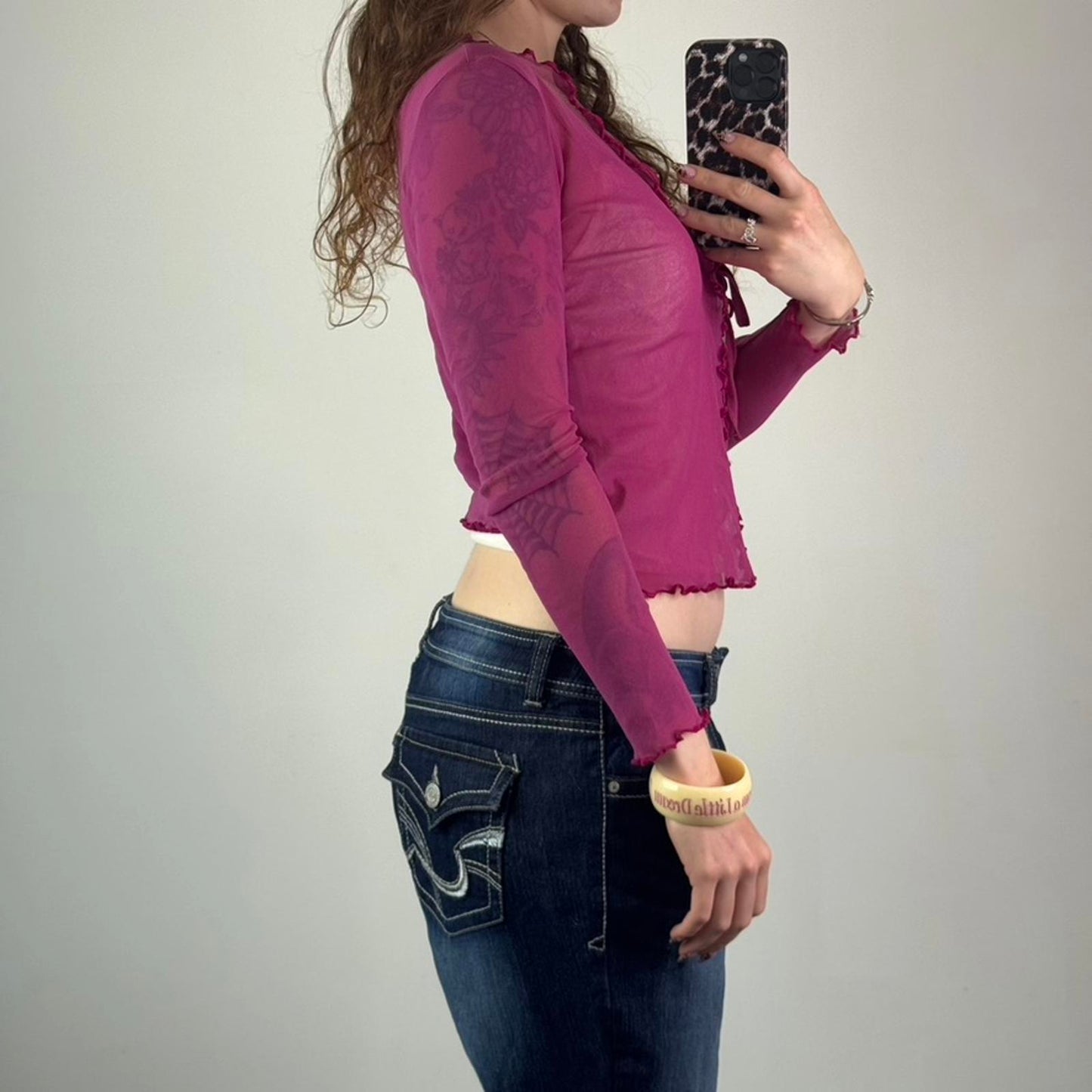 Y2K vintage Bay pink mesh long sleeve cardigan tie bow front lettuce hem cropped