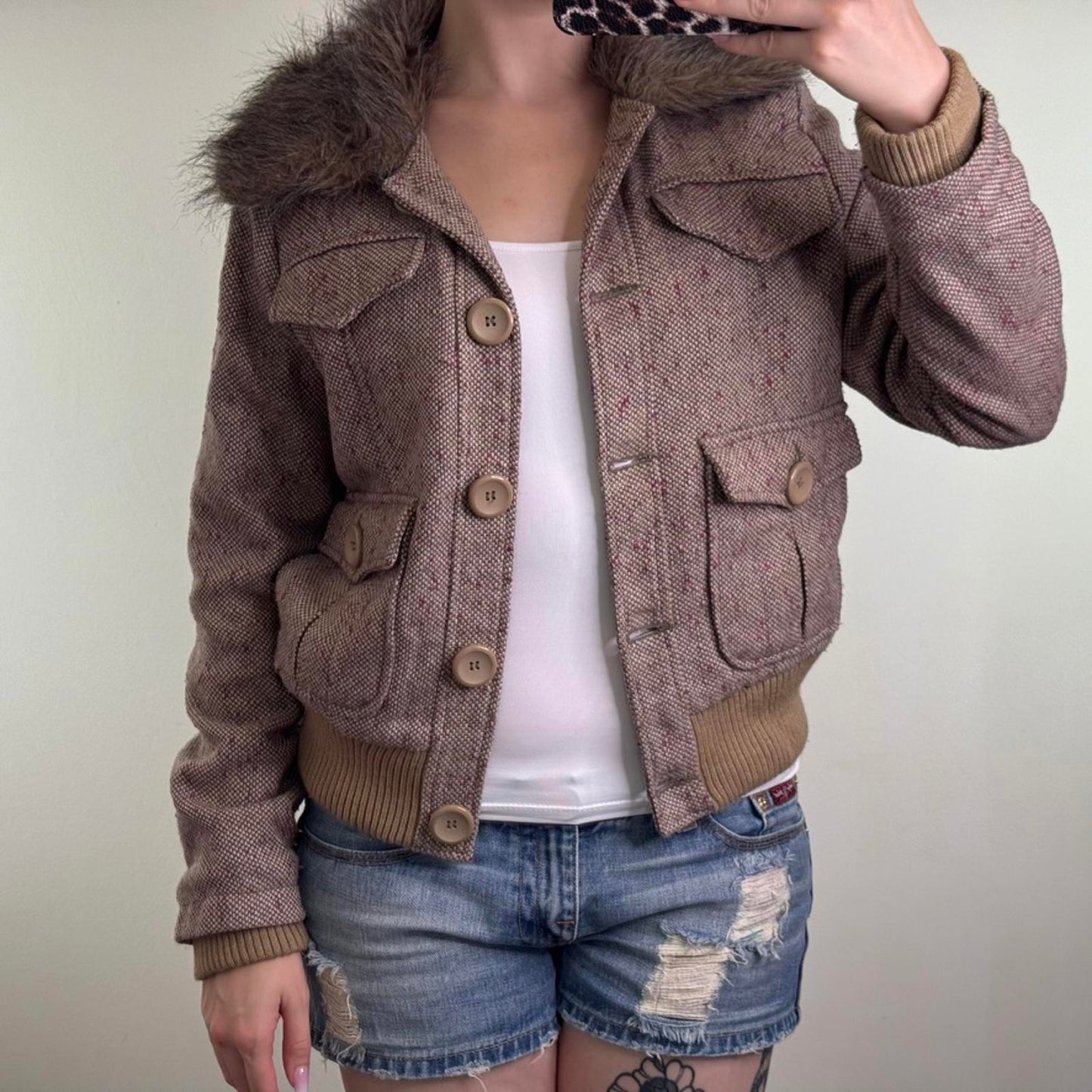 Y2K vintage tweed wool blend button up coat winter jacket faux fur trim collar