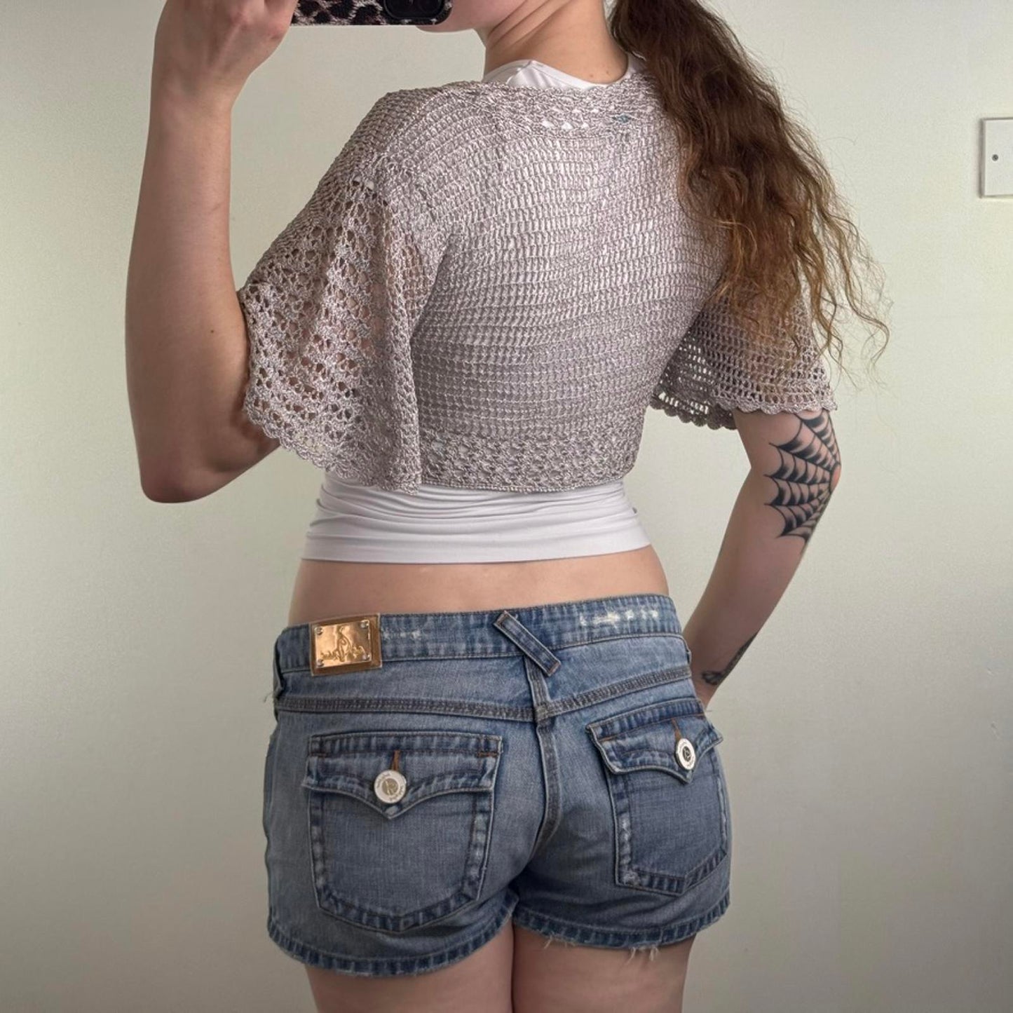 Y2K vintage crochet batwing short sleeve cardigan cropped fitted open bust