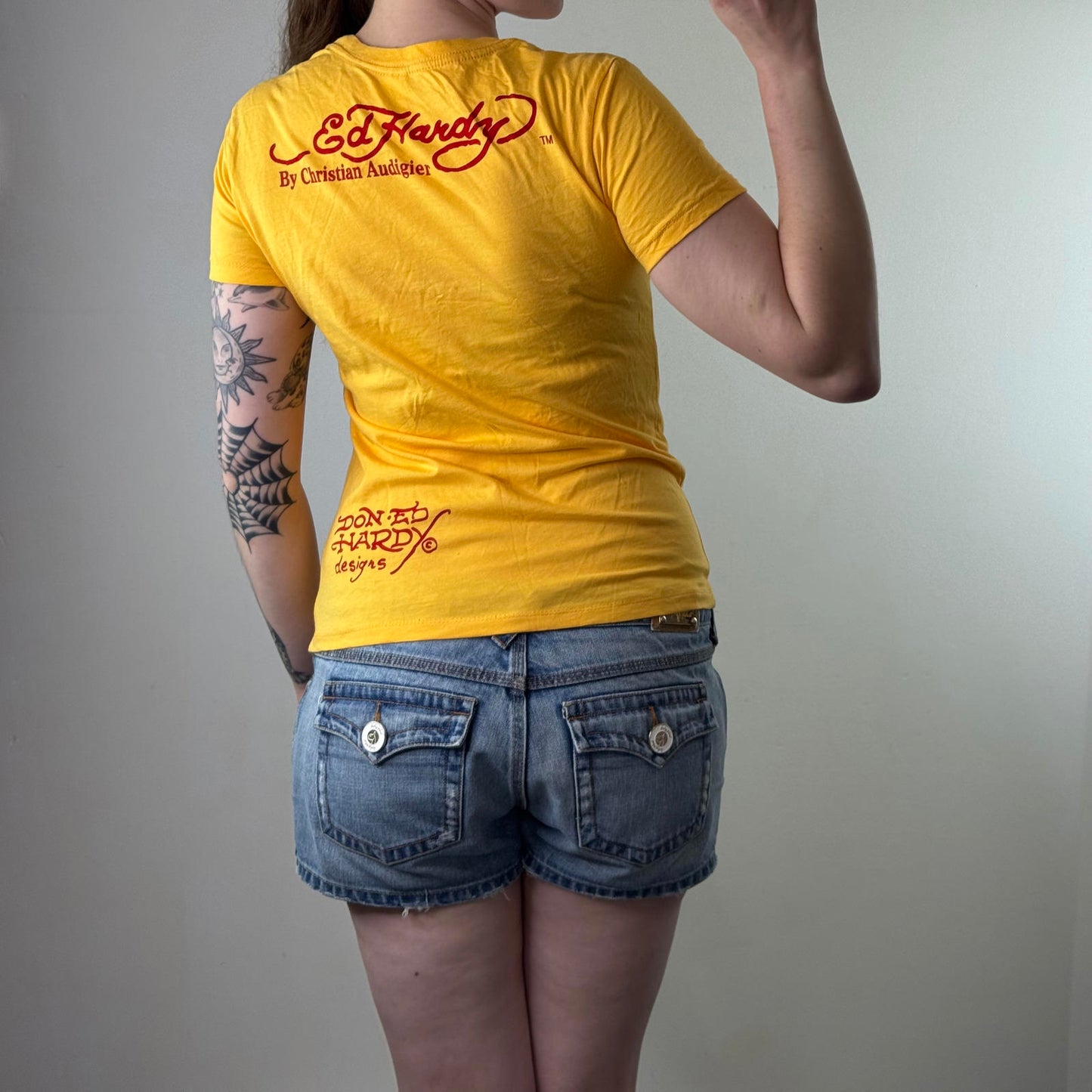 Y2K vintage Ed Hardy rhinestone short sleeve t shirt top yellow red rose graphic
