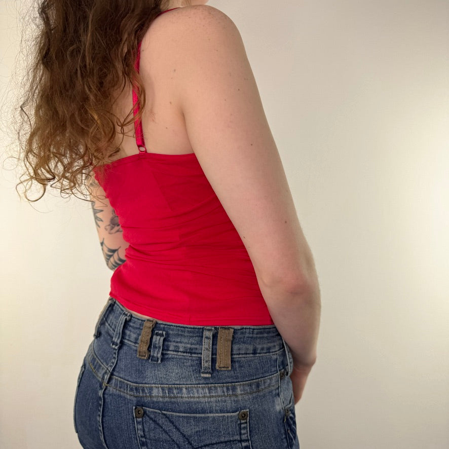Y2K vintage red mesh ruched cami top
