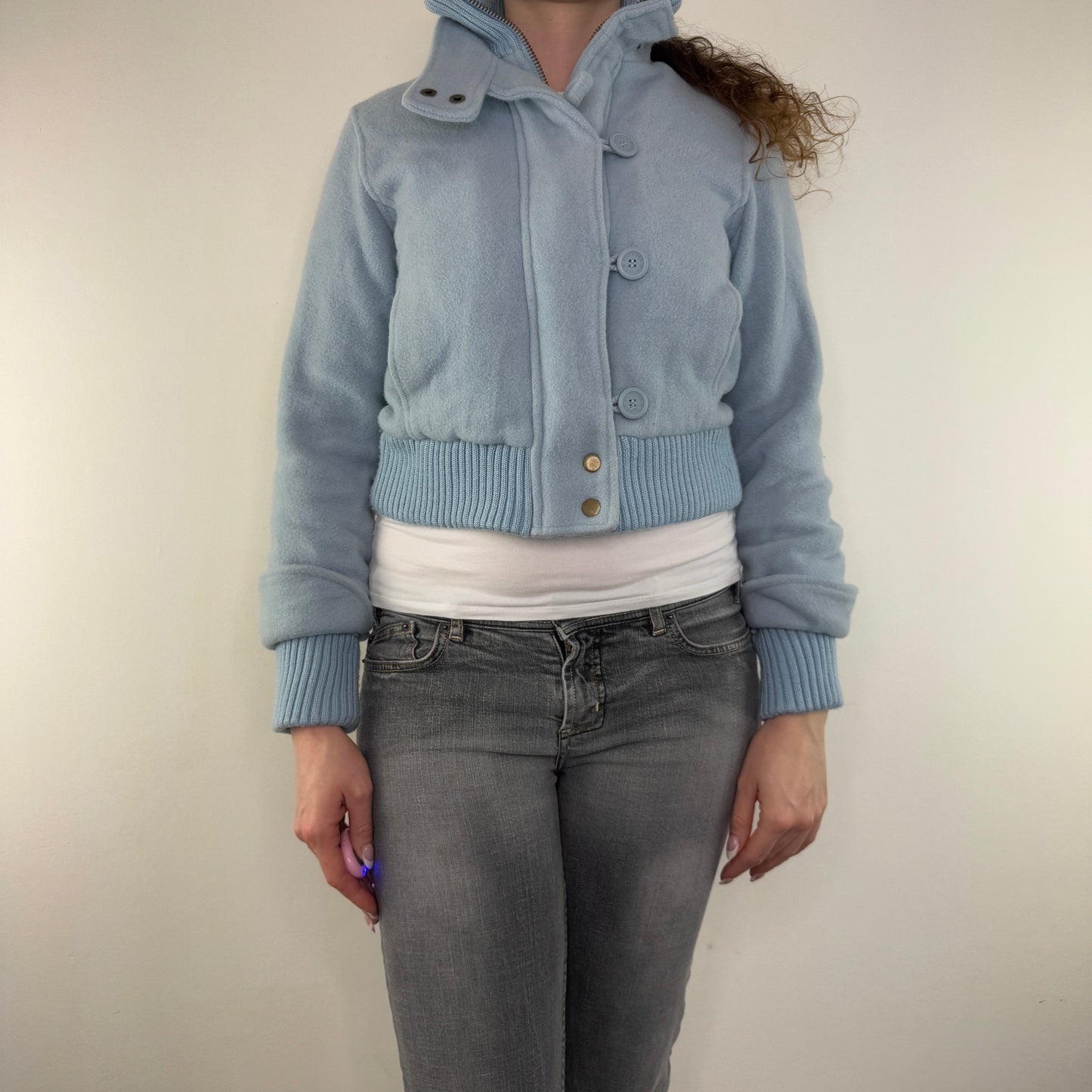 Y2K vintage short jacket wool zip up cropped baby blue buttons knit cuffs