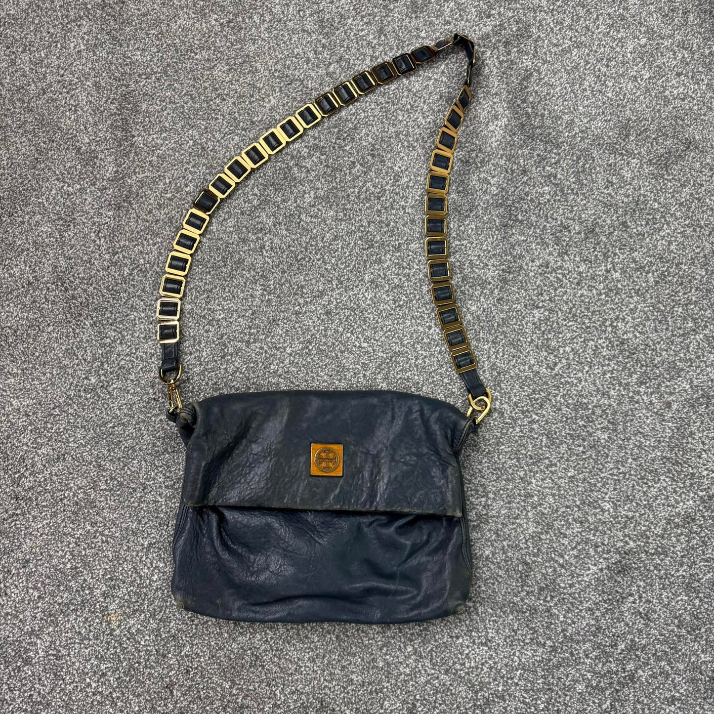 Tory Burch Louisa genuine leather messenger bag crossbody chain navy medium