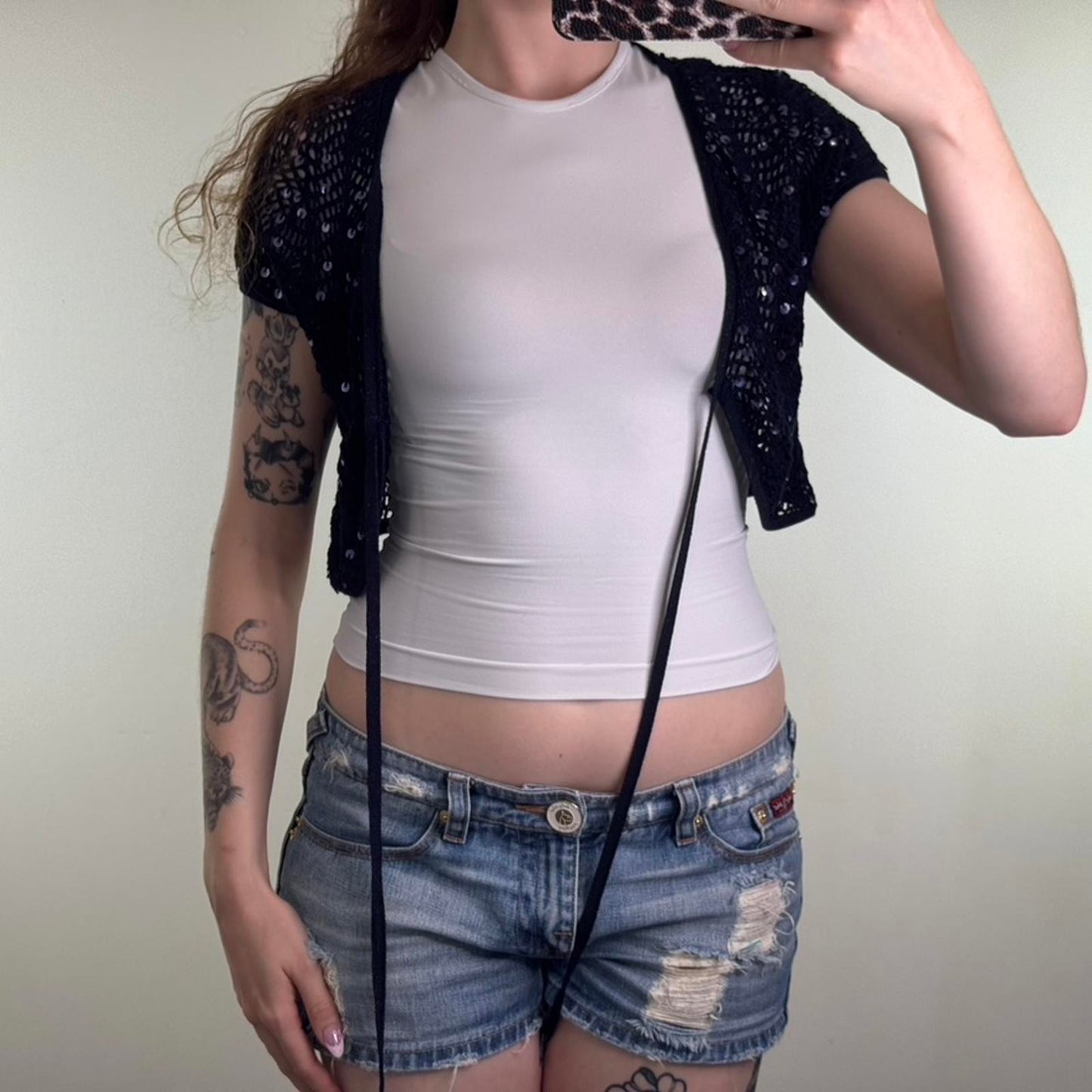 Y2K vintage crochet knit cropped cardigan short sleeve sequin tie bow front