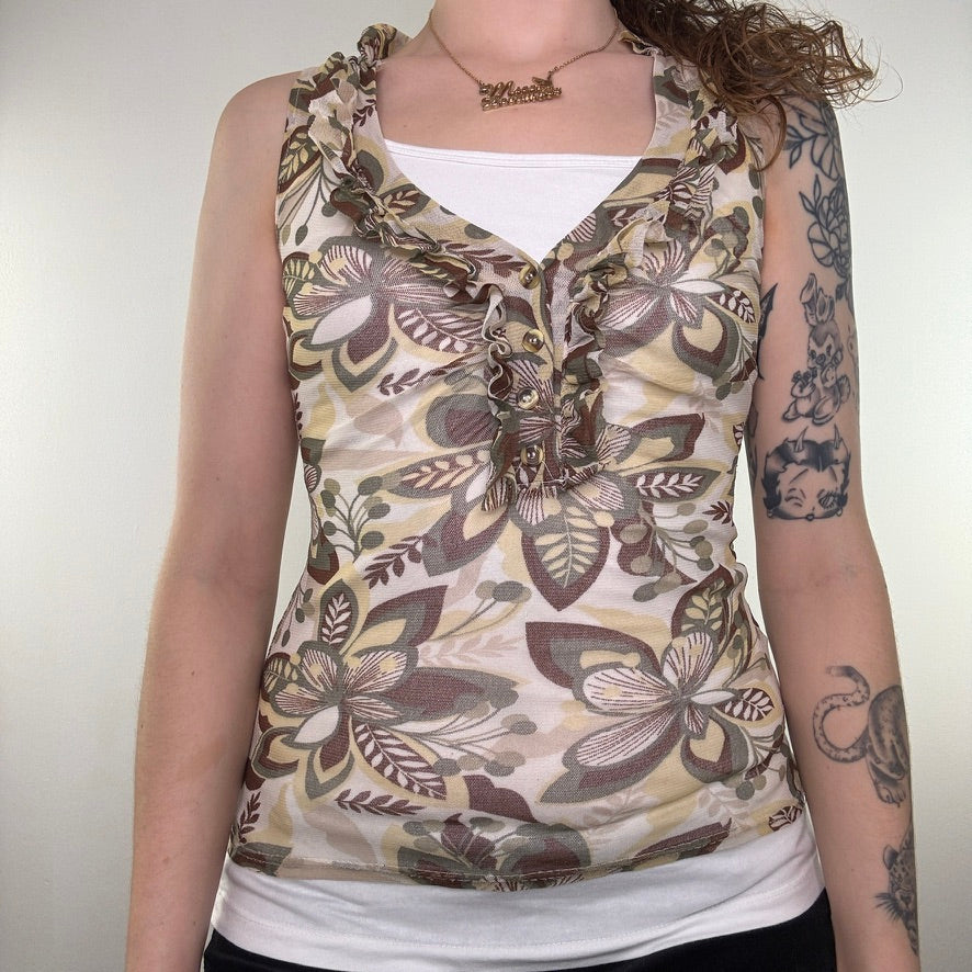 Y2K vintage Jane Norman tank sleeveless mesh frilly floral top