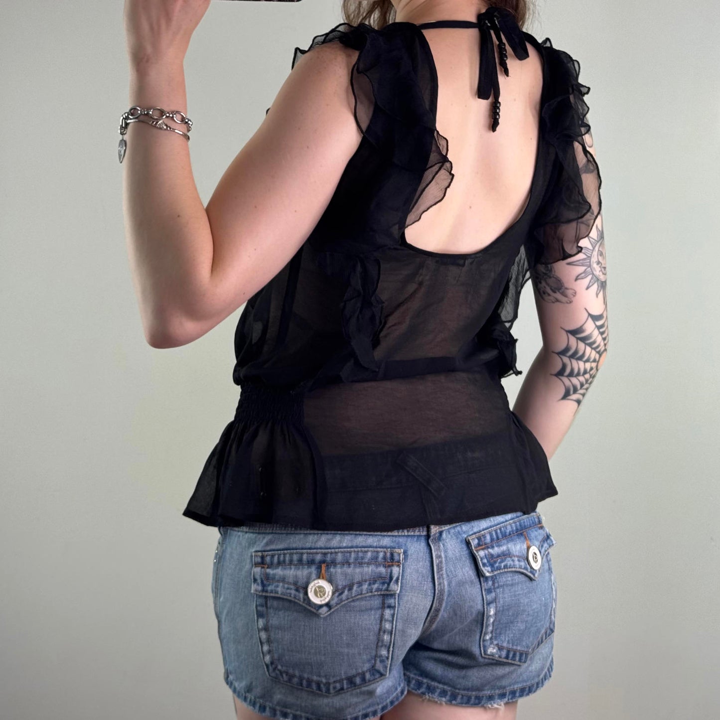 Y2K vintage sheer sequin top frill gold embellished open back bow black party