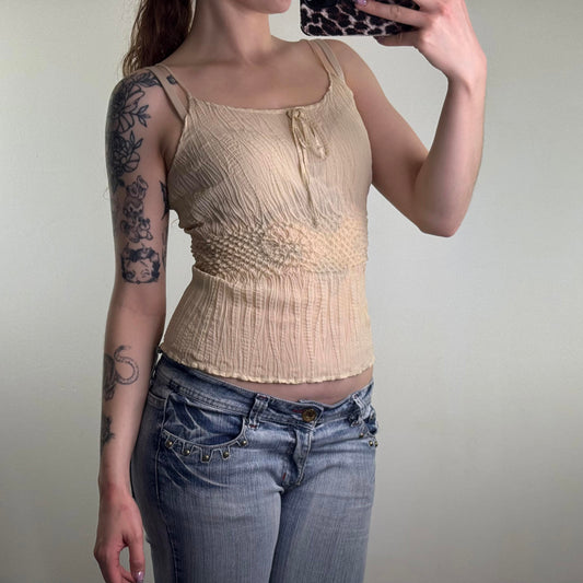 Y2K vintage popcorn stretchy cami top strappy crinkle fitted bow cream