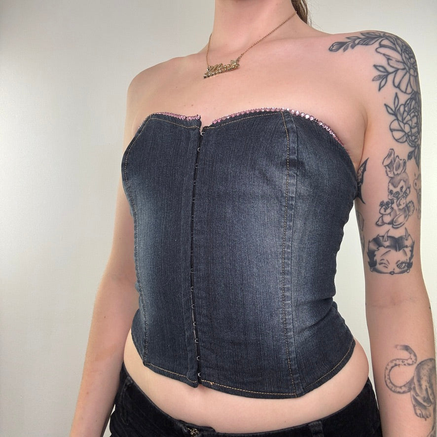 Y2K vintage faded denim pink rhinestone bustier boned top hook and eye strapless