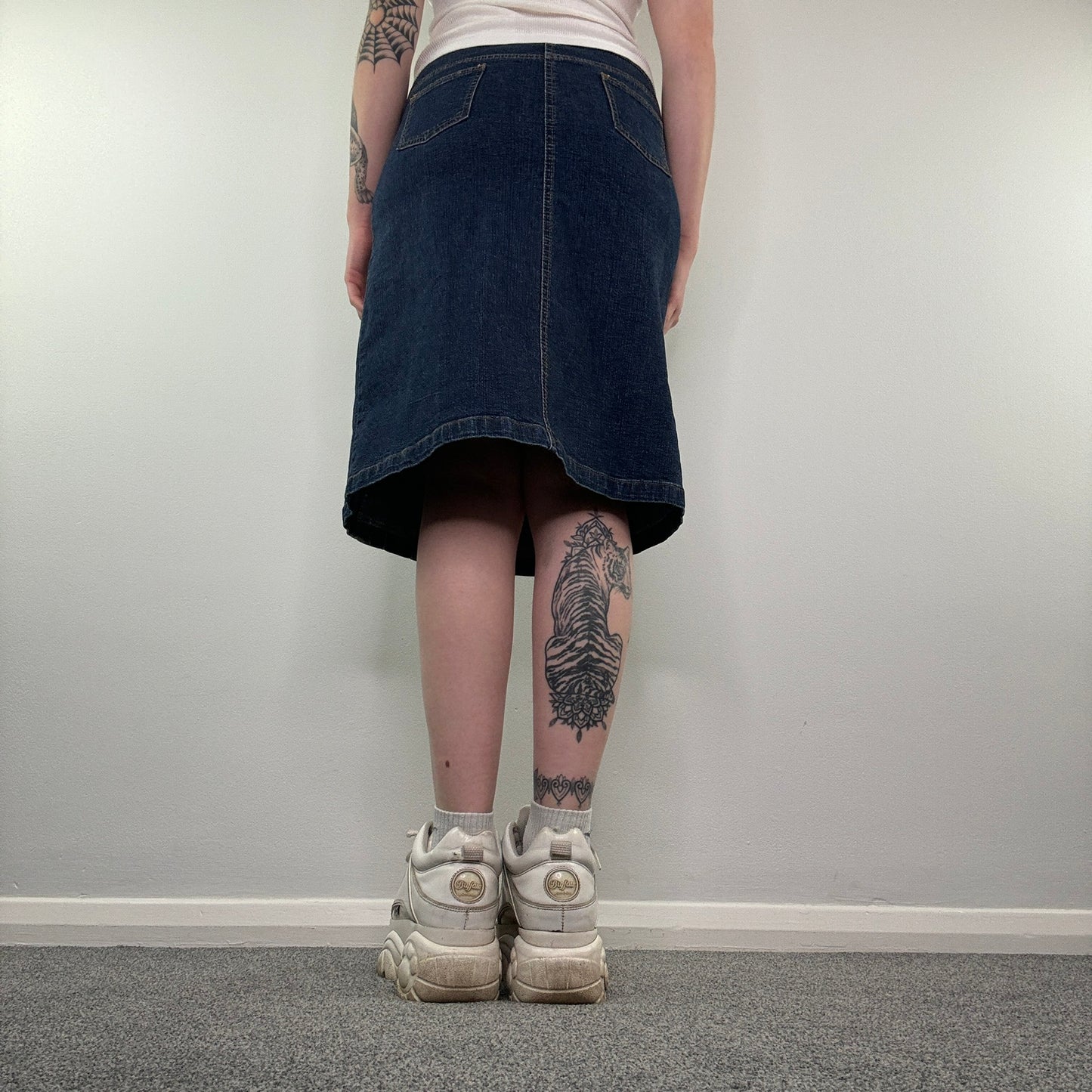 Y2K faded denim grommet midi skirt