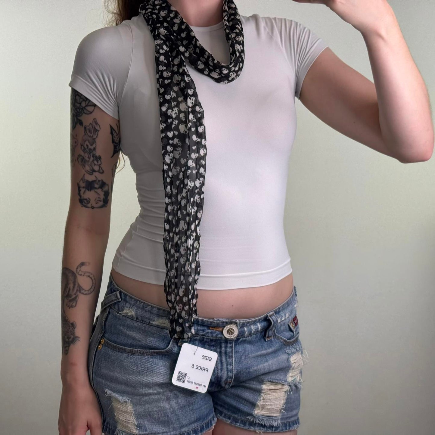Y2K vintage sheer skull print skinny scarf black white