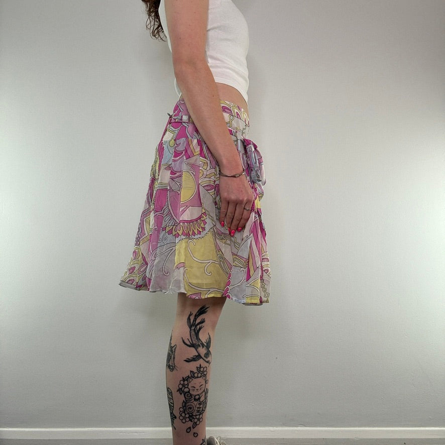 Y2K silk floaty patterned bow summer midi skirt