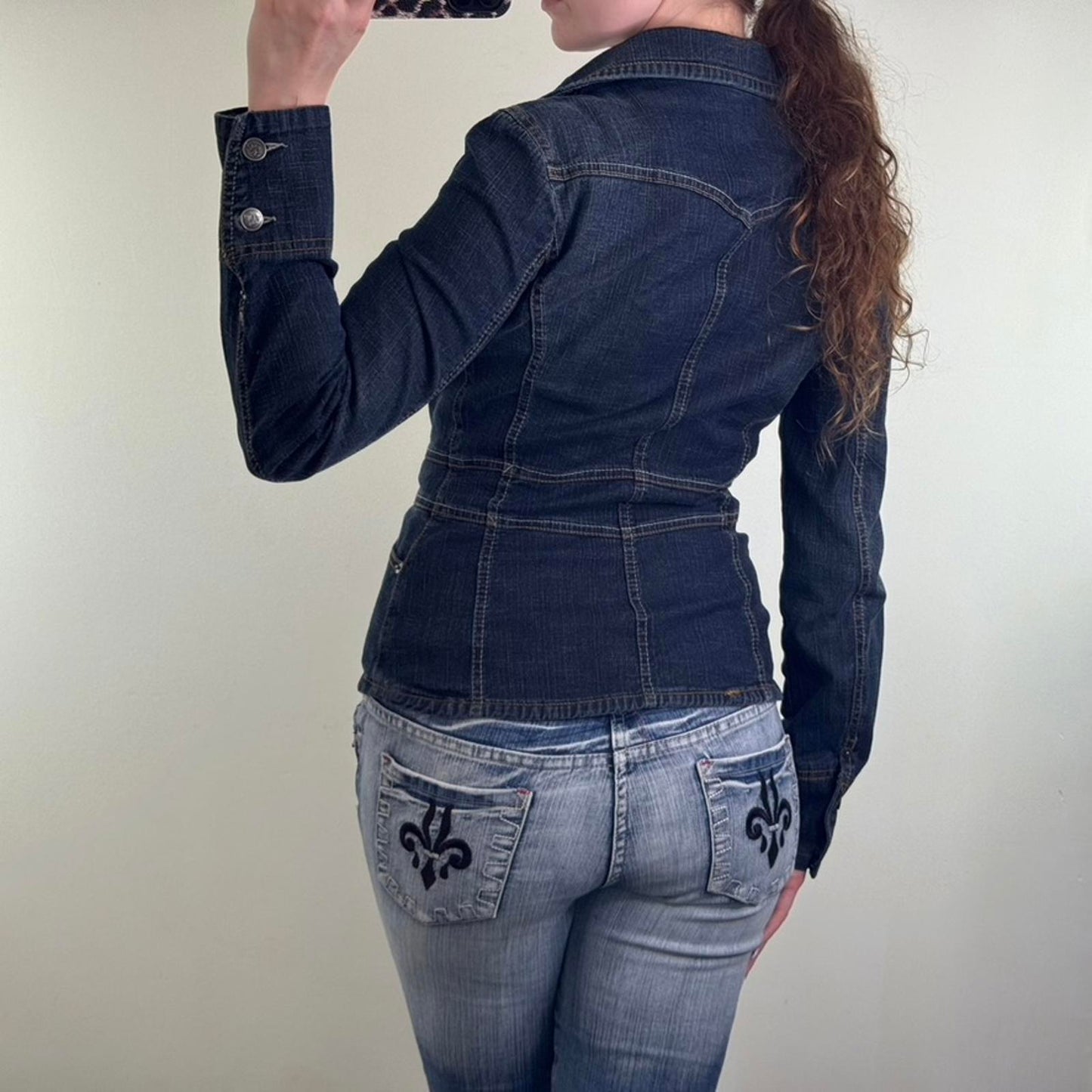 Y2K vintage fitted stretchy denim jacket button up faded wash buttons blazer