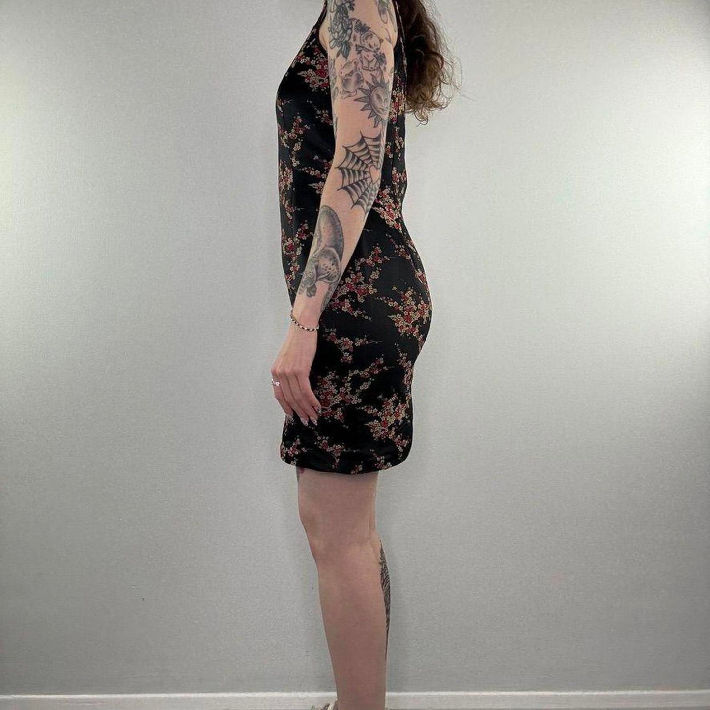 Y2K vintage satin style blossom floral keyhole mini dress oriental high neck
