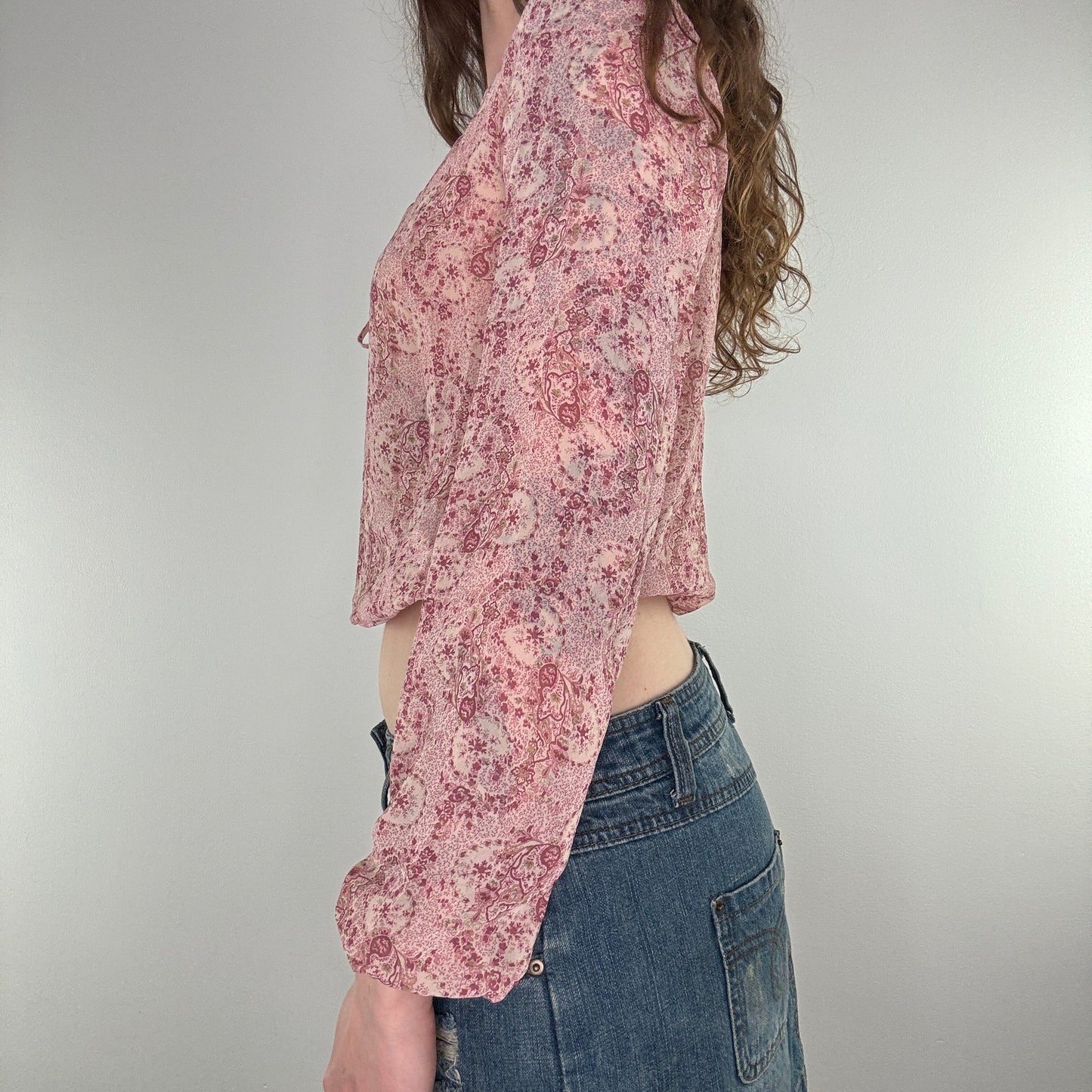 Y2K floral elastic waist sheer long sleeve top