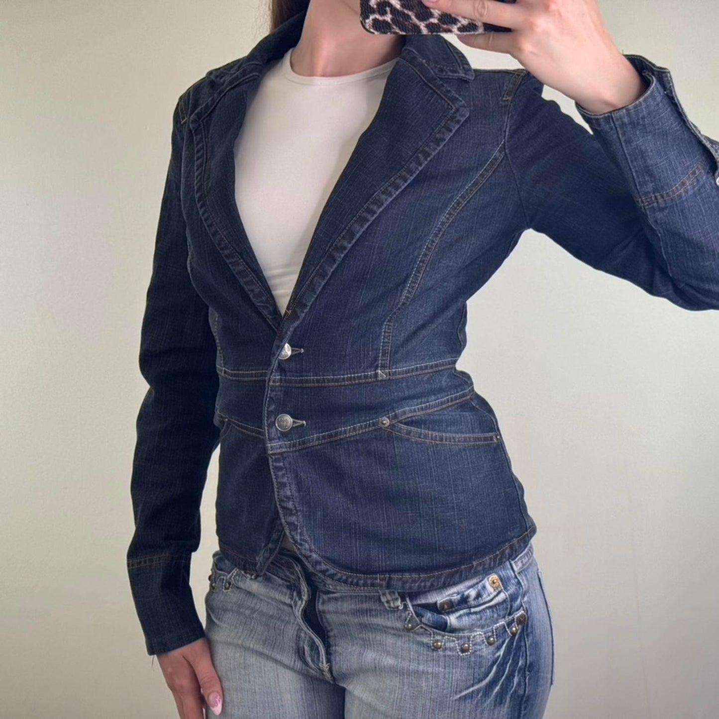 Y2K vintage fitted stretchy denim jacket button up faded wash buttons blazer