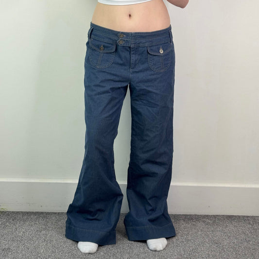 Y2K vintage flared wide leg baggy denim trousers lightweight denim cargo pockets