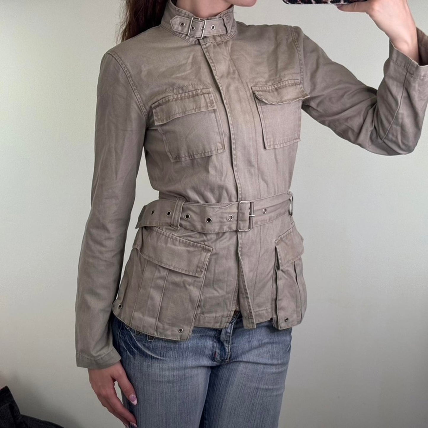 Y2K vintage lightweight zip up jacket with belt high neck buckle utility archive