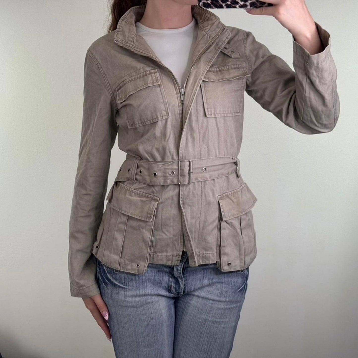 Y2K vintage lightweight zip up jacket with belt high neck buckle utility archive