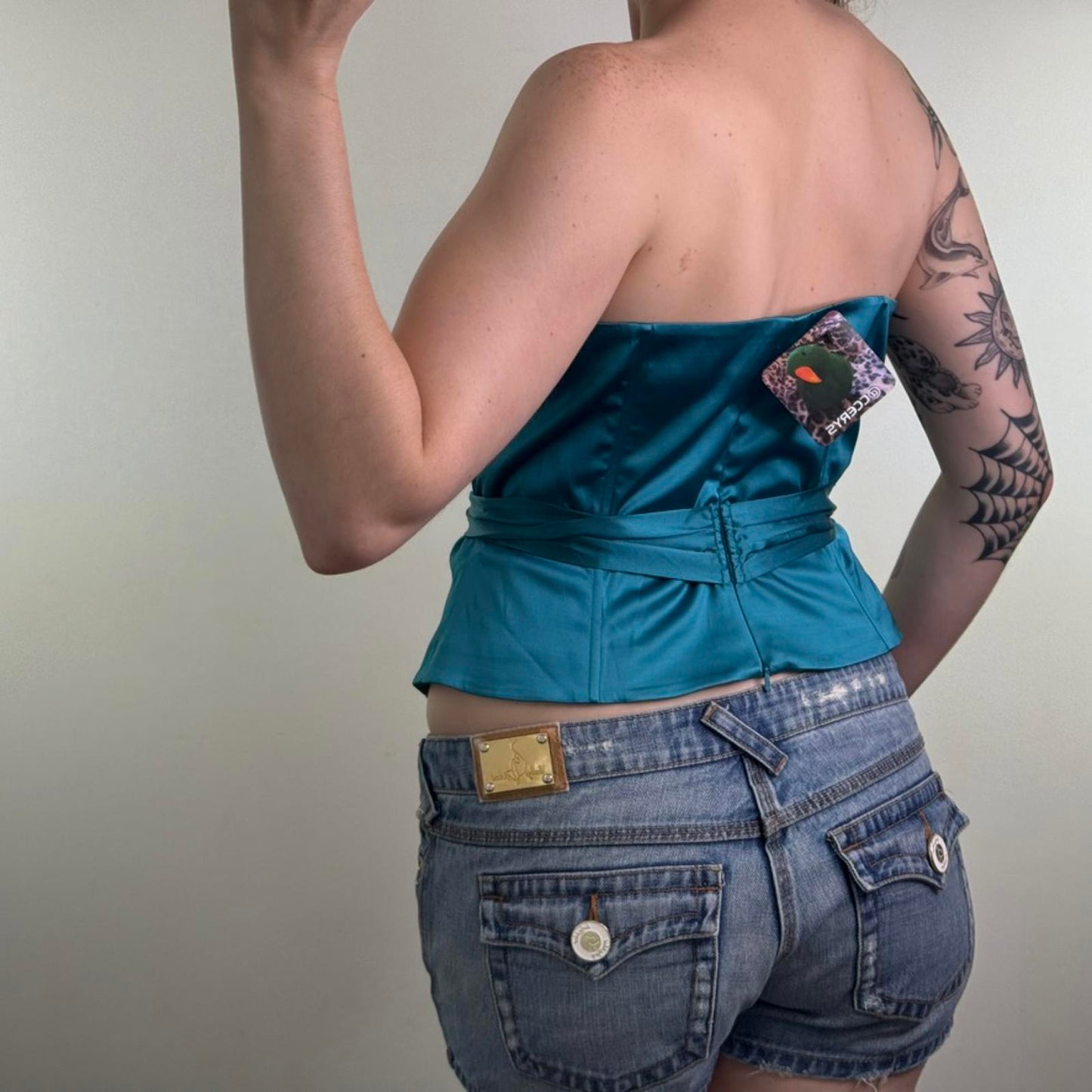 Y2K vintage silk blend strapless structured bustier top turquoise bow