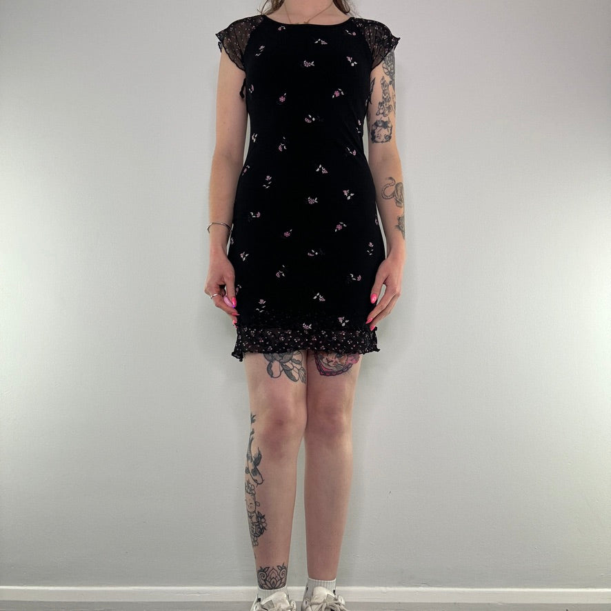 Y2K black ditsy floral cap sleeve mini dress