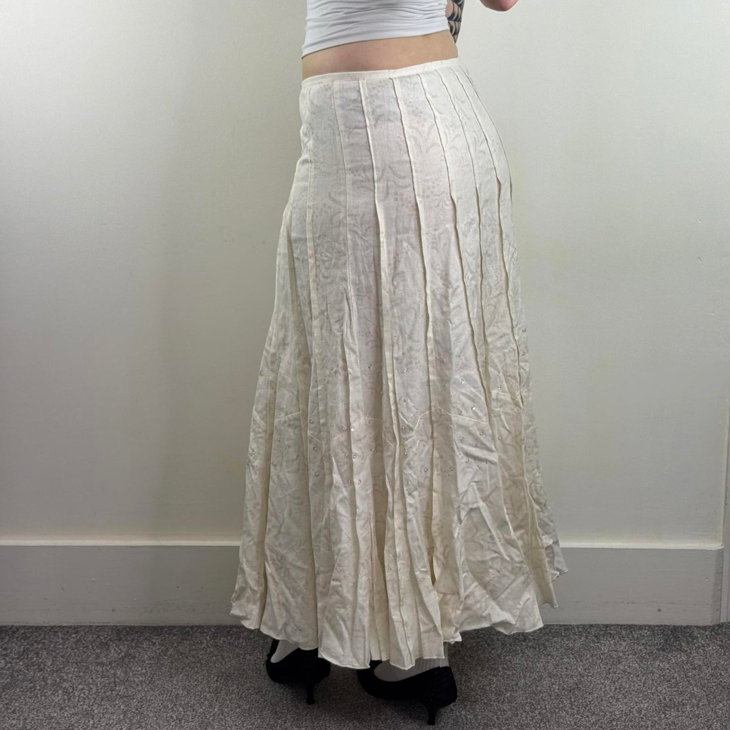 Y2K vintage linen blend maxi skirt floral pattern sequin beaded a line pleated