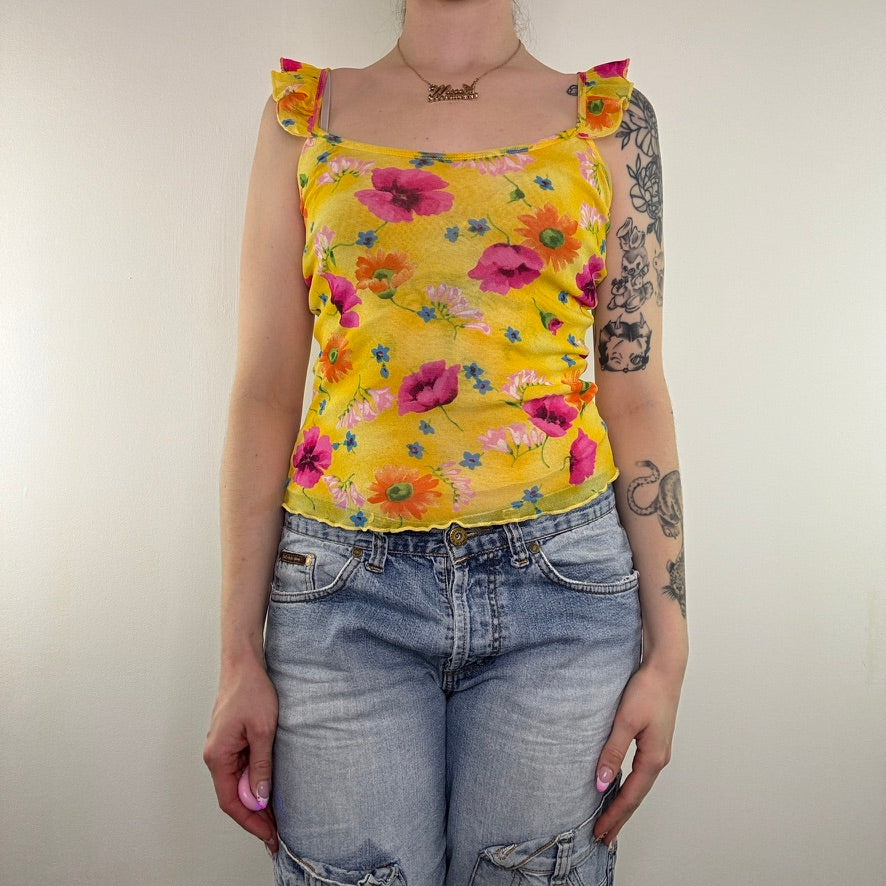 Y2K vintage mesh floral cami top frill lettuce hem