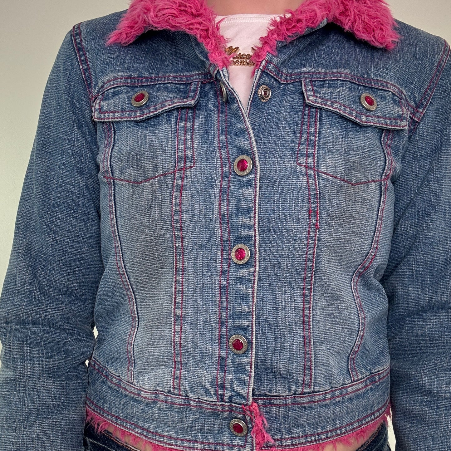 Y2K vintage denim pink faux fur rhinestone denim jacket