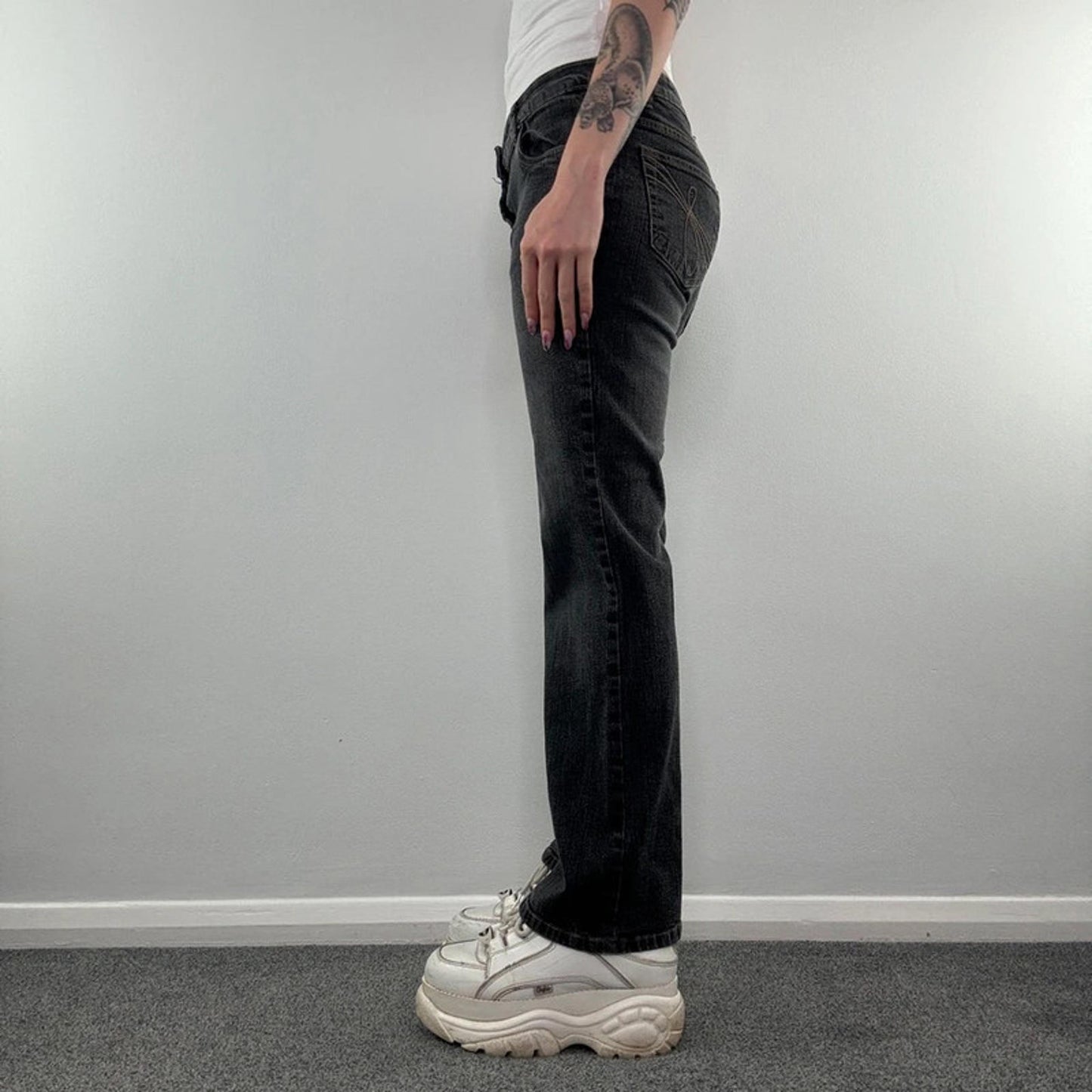 Y2K vintage mid rise grey denim bootcut jeans embroidered pockets