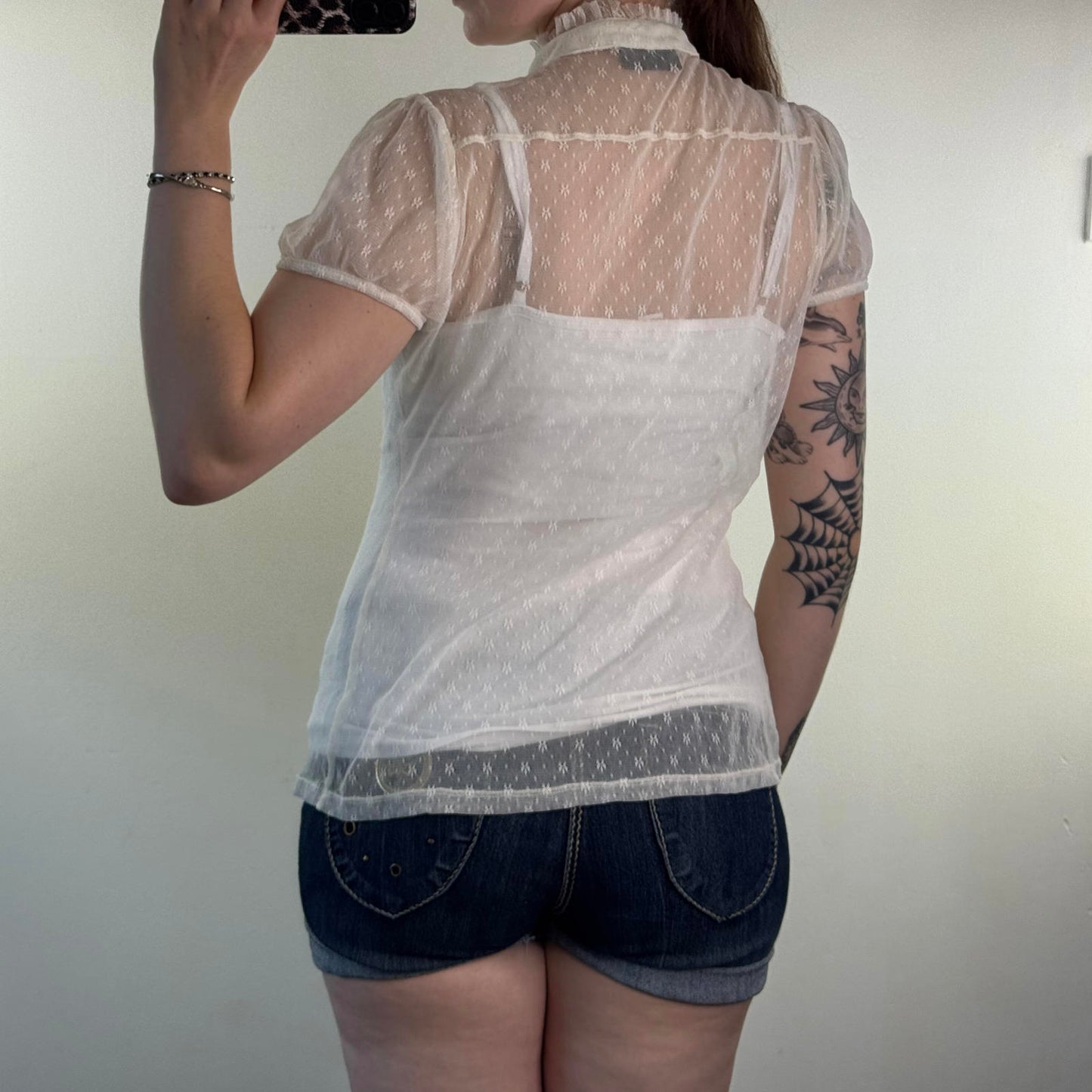 Y2K vintage mesh sheer short sleeve top coquette frilly button up high neck